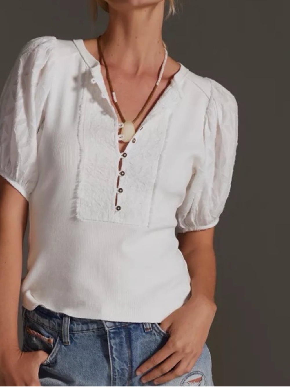 Pilcro Women's White Puff-Sleeve Bella Henley Top - Picture 3 of 8